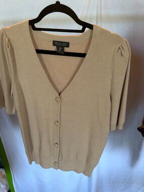 Rachel Zoe Tan Short Puff Sleeve Button Front Cardigan Sweater M